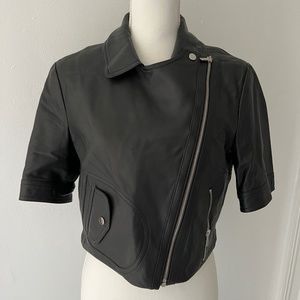 Michael Kors Collection Italy Black Leather Cropped Short Sleeve Jacket Sz 8